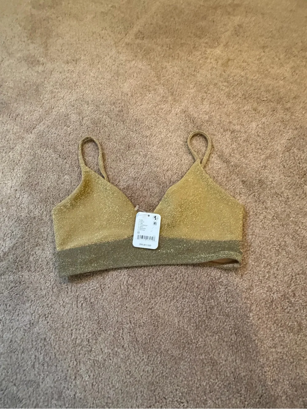 NWT new medium free people Beach Riot Noah Shimmer bikini swim top gold taupe